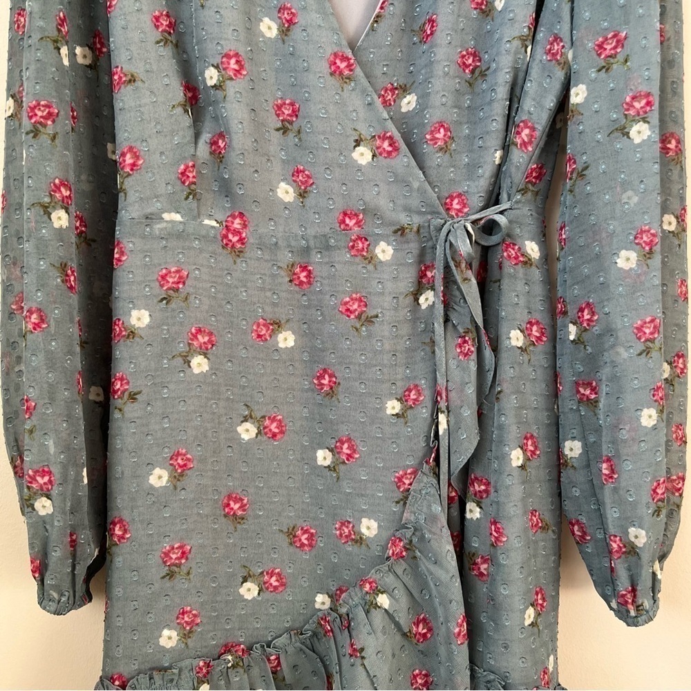Wayf Eloise Floral Wrap Dress Clip Dot Ruffle Long Sheer Sleeve Tulip Hem Sz S - Picture 5 of 14